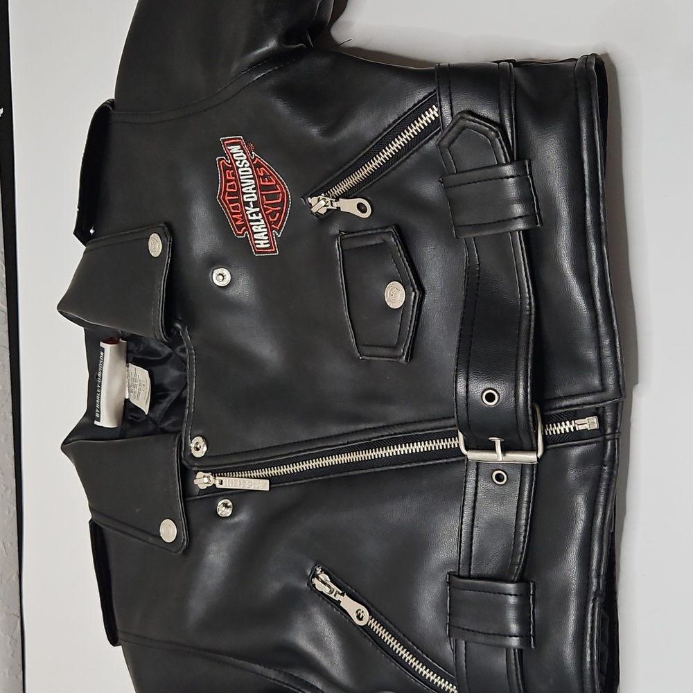 Harley Davidson Kids Black Faux Leather Jacket, Quilted Inside. Size 4 - Picture 5 of 16